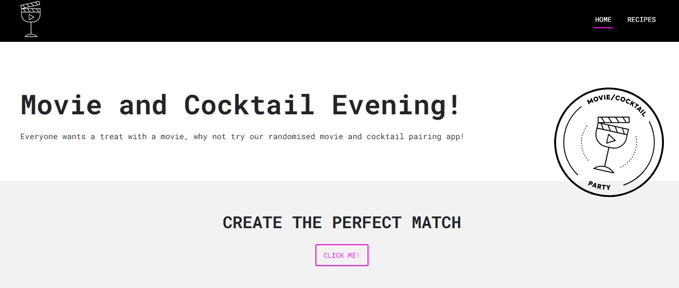 Picture of the landing page stating MovieSlashCocktailParty