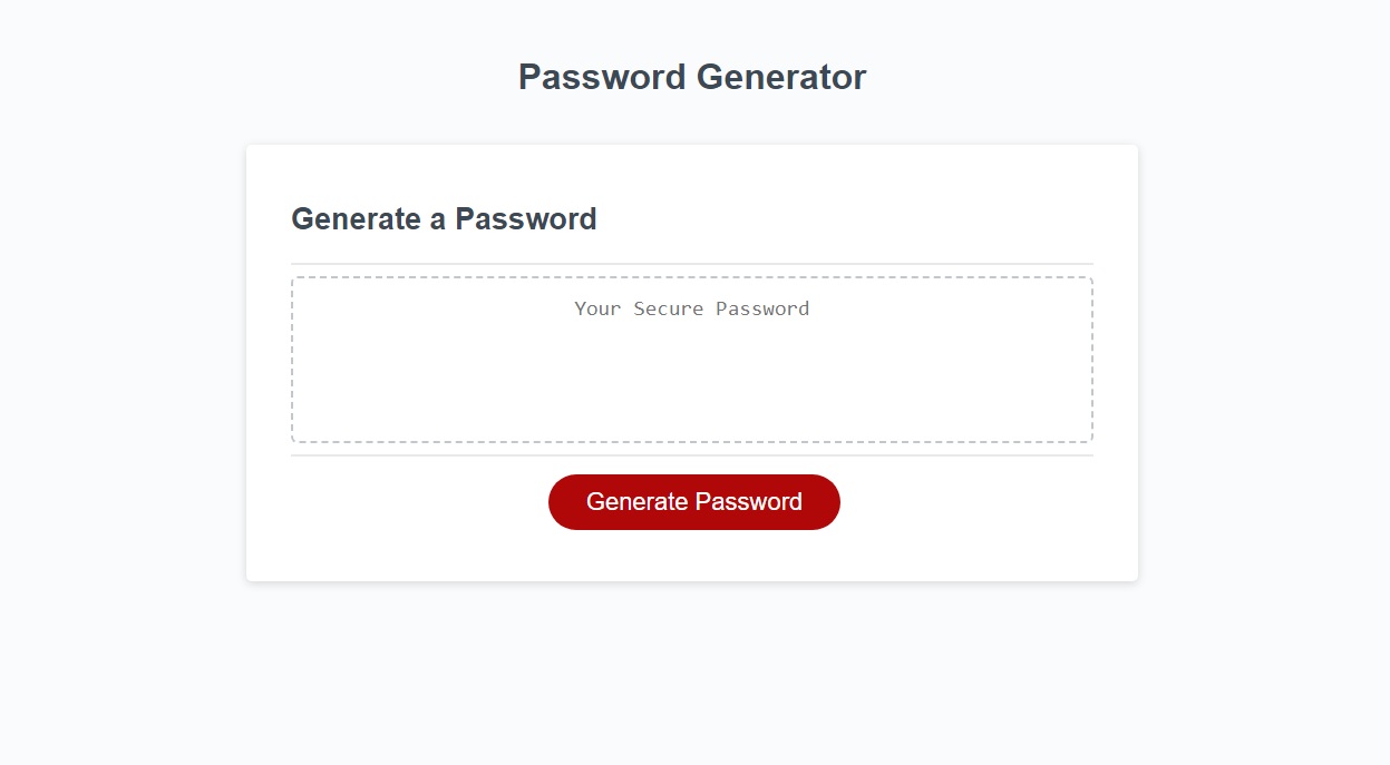 Shows the landing page of a Password Generating App